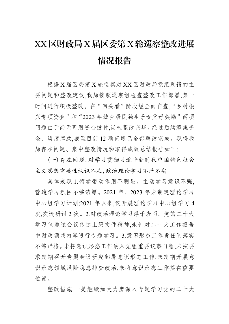 XX区财政局X届区委第X轮巡察整改进展情况报告_第1页