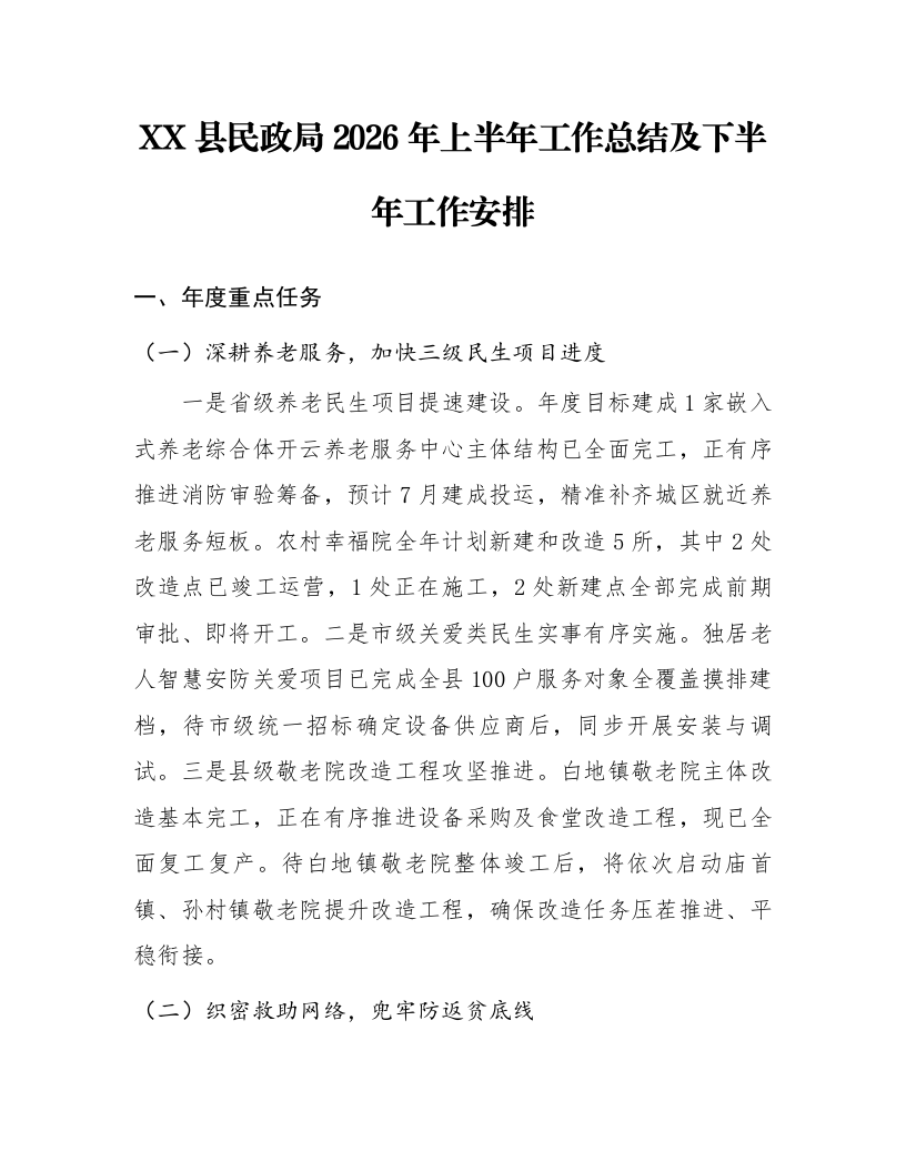 XX县民政局2026年上半年工作总结及下半年工作安排_第1页