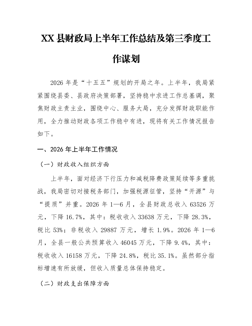 XX县财政局上半年工作总结及第三季度工作谋划_第1页