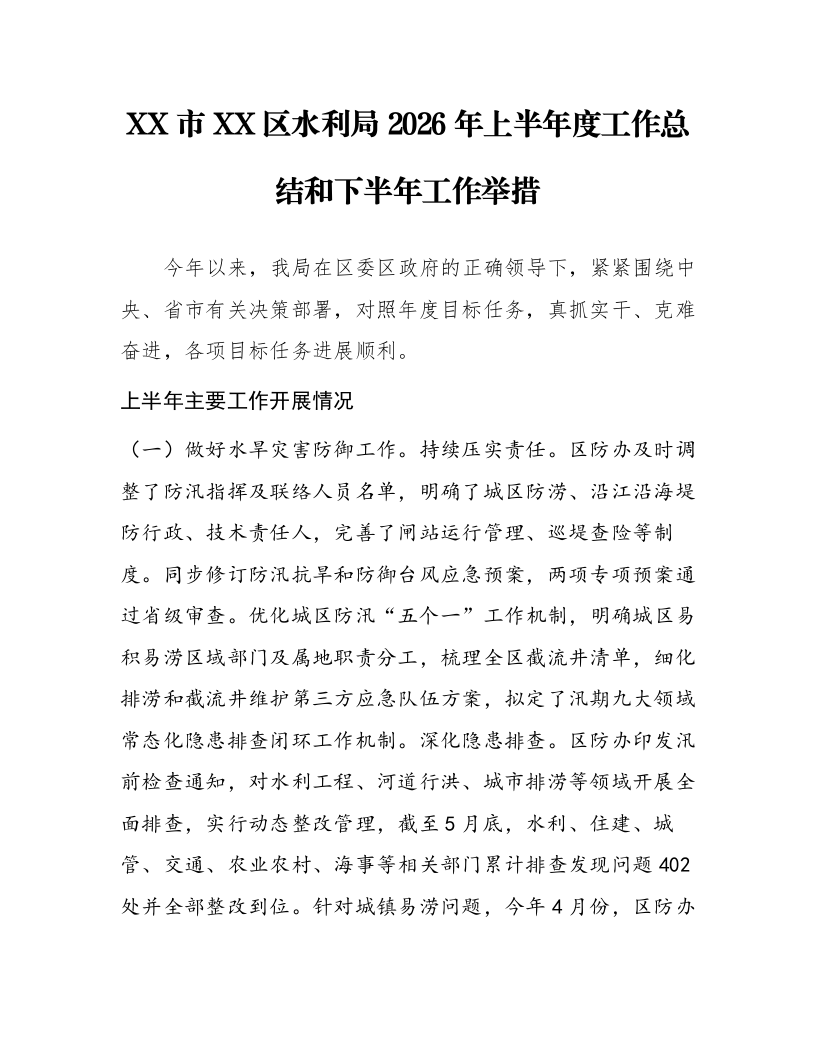 XX市XX区水利局2026年上半年度工作总结和下半年工作举措_第1页