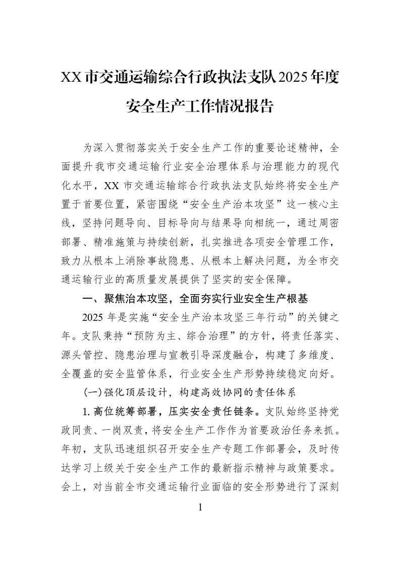 XX市交通运输综合行政执法支队2025年度安全生产工作情况报告_第1页
