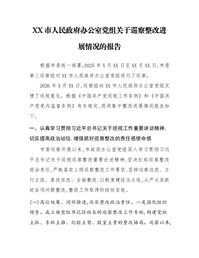 XX市人民政府办公室党组关于巡察整改进展情况的报告_第1页