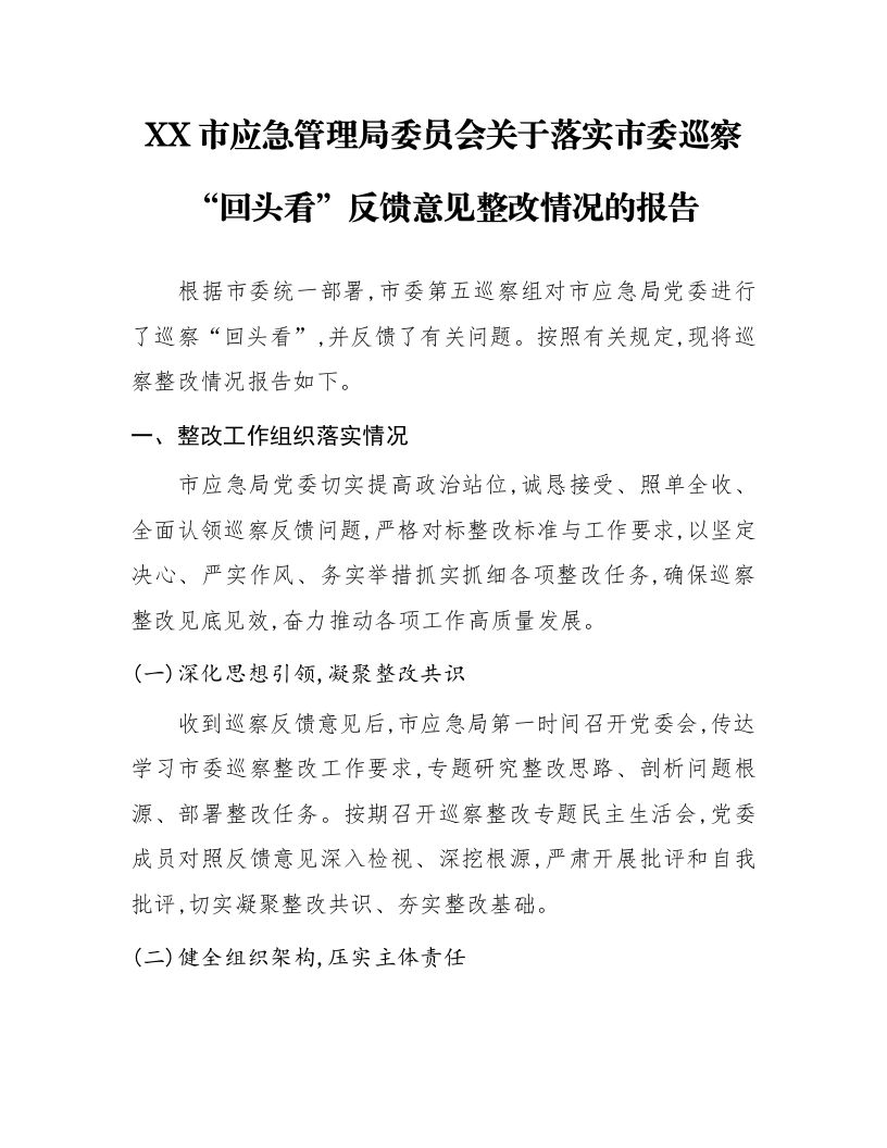 XX市应急管理局委员会关于落实市委巡察“回头看”反馈意见整改情况的报告_第1页