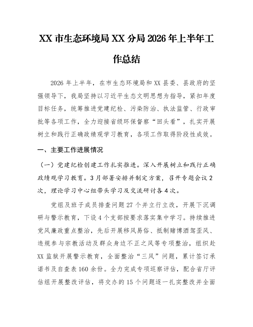 XX市生态环境局XX分局2026年上半年工作总结_第1页