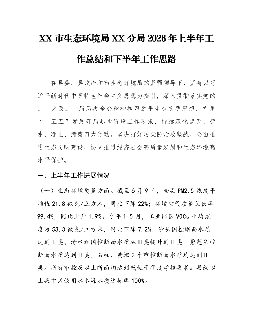 XX市生态环境局XX分局2026年上半年工作总结和下半年工作思路_第1页
