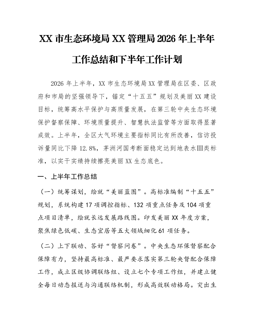 XX市生态环境局XX管理局2026年上半年工作总结和下半年工作计划_第1页
