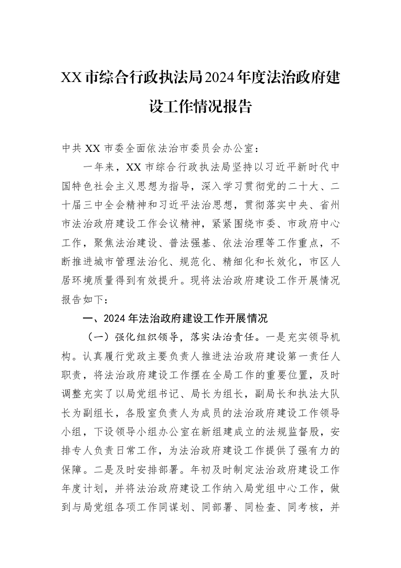 XX市综合行政执法局2024年度法治政府建设工作情况报告_第1页