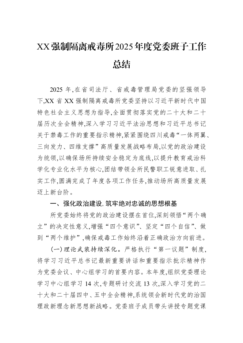 XX强制隔离戒毒所2025年度党委班子工作总结_第1页