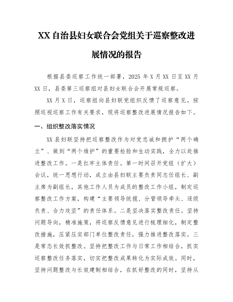 XX自治县妇女联合会党组关于巡察整改进展情况的报告_第1页