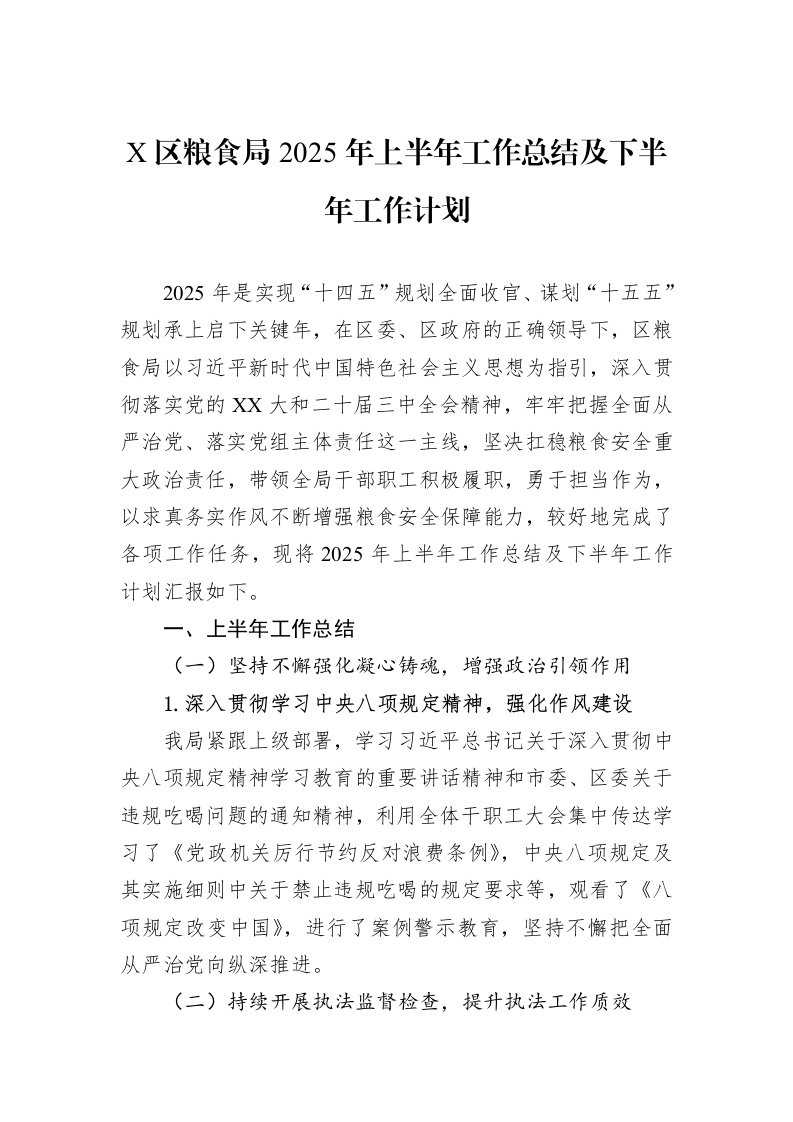 X区粮食局2025年上半年工作总结及下半年工作计划_第1页