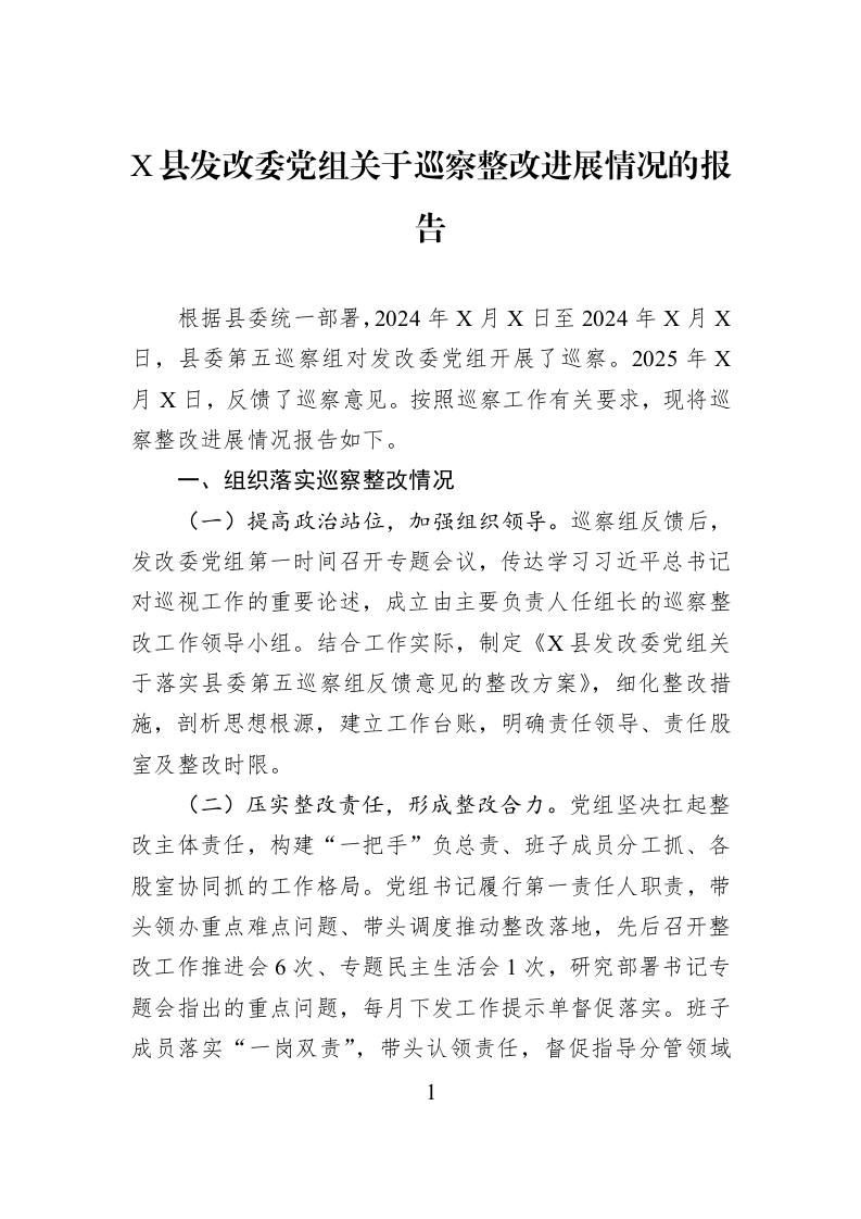 X县发改委党组关于巡察整改进展情况的报告_第1页