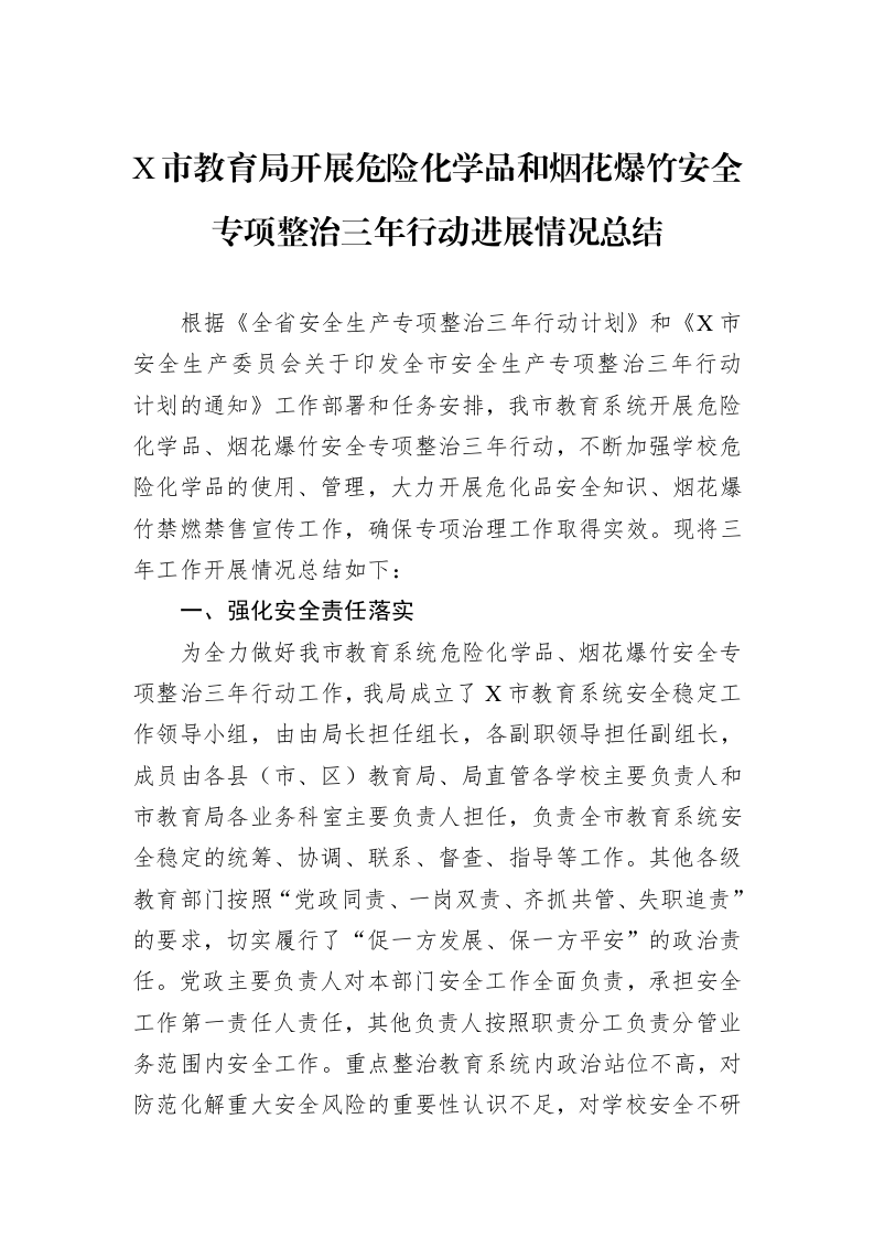 X市教育局开展危险化学品和烟花爆竹安全专项整治三年行动进展情况总结_第1页