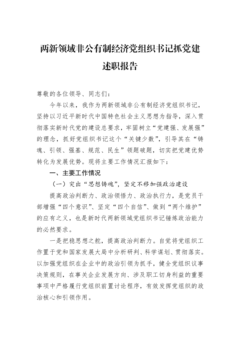 两新领域非公有制经济党组织书记抓党建述职报告（02-18）_第1页