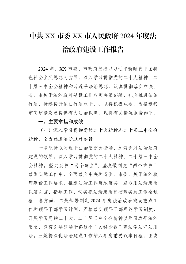 中共XX市委XX市人民政府2024年度法治政府建设工作报告_第1页