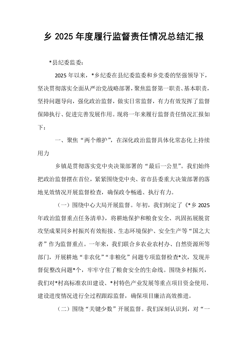 乡2025年度履行监督责任情况总结汇报_第1页