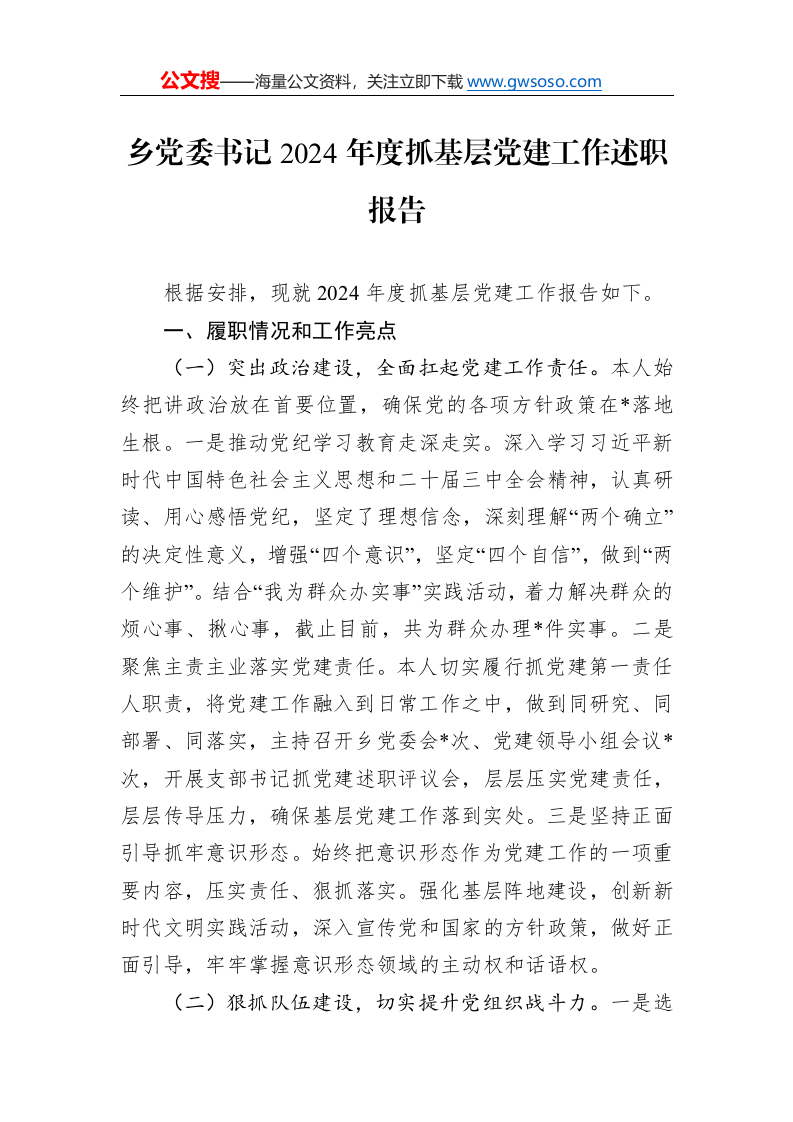 乡党委书记2024年度抓基层党建工作述职报告._第1页