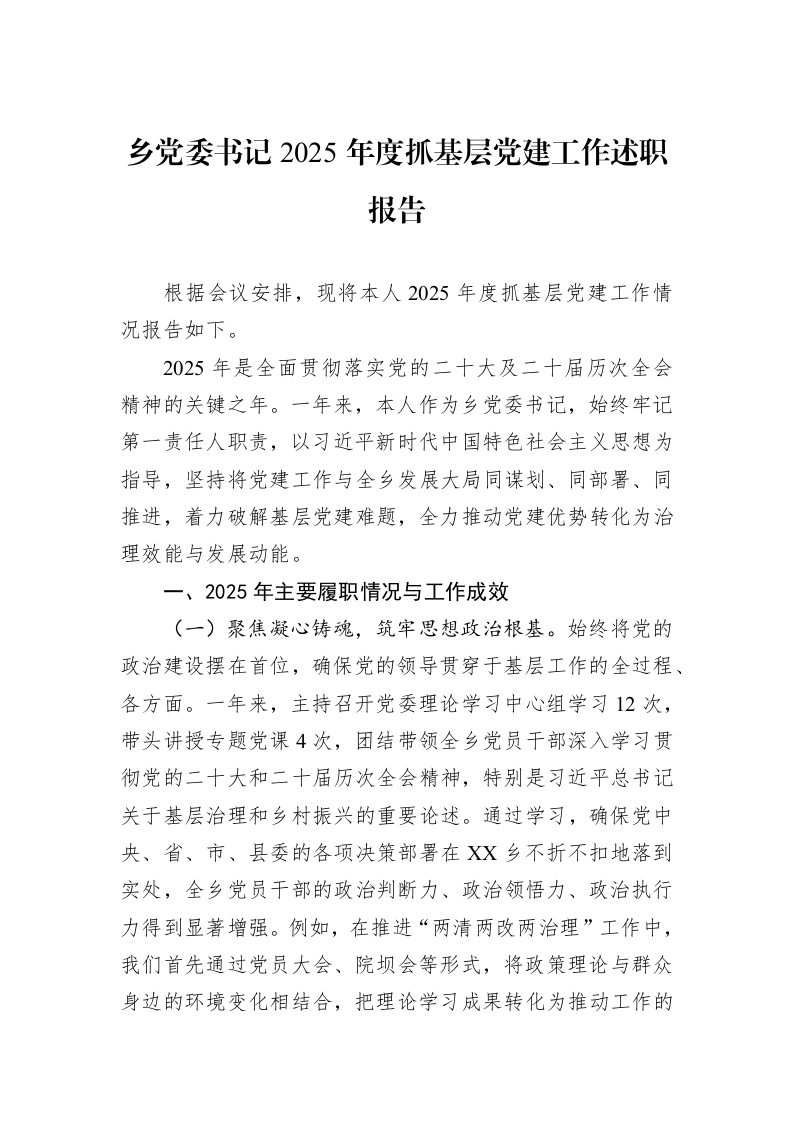 乡党委书记2025年度抓基层党建工作述职报告_第1页