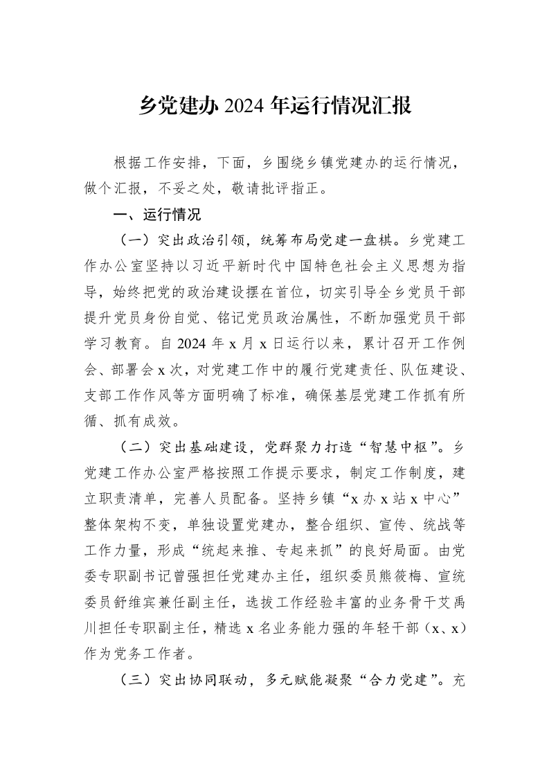 乡党建办2024年运行情况汇报_第1页