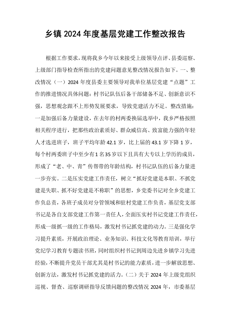乡镇2024年度基层党建工作整改报告_第1页
