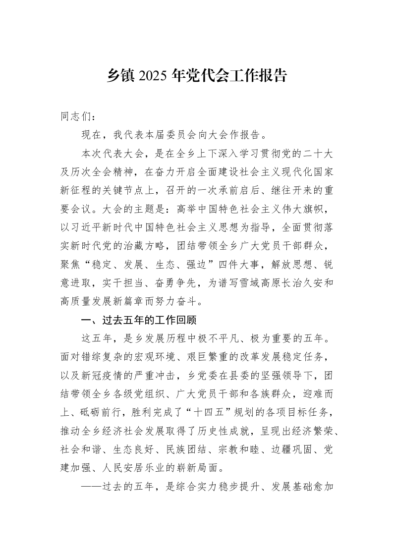乡镇2025年党代会工作报告_第1页