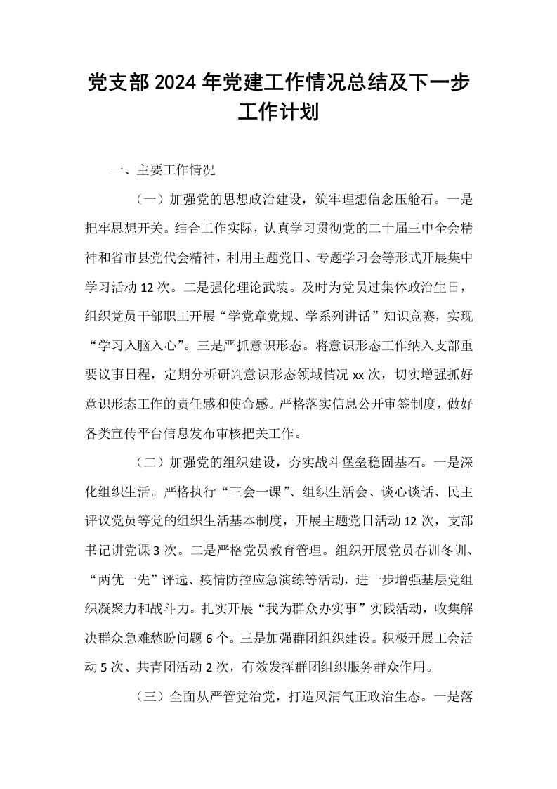 党支部2024年党建工作情况总结及下一步工作计划_第1页
