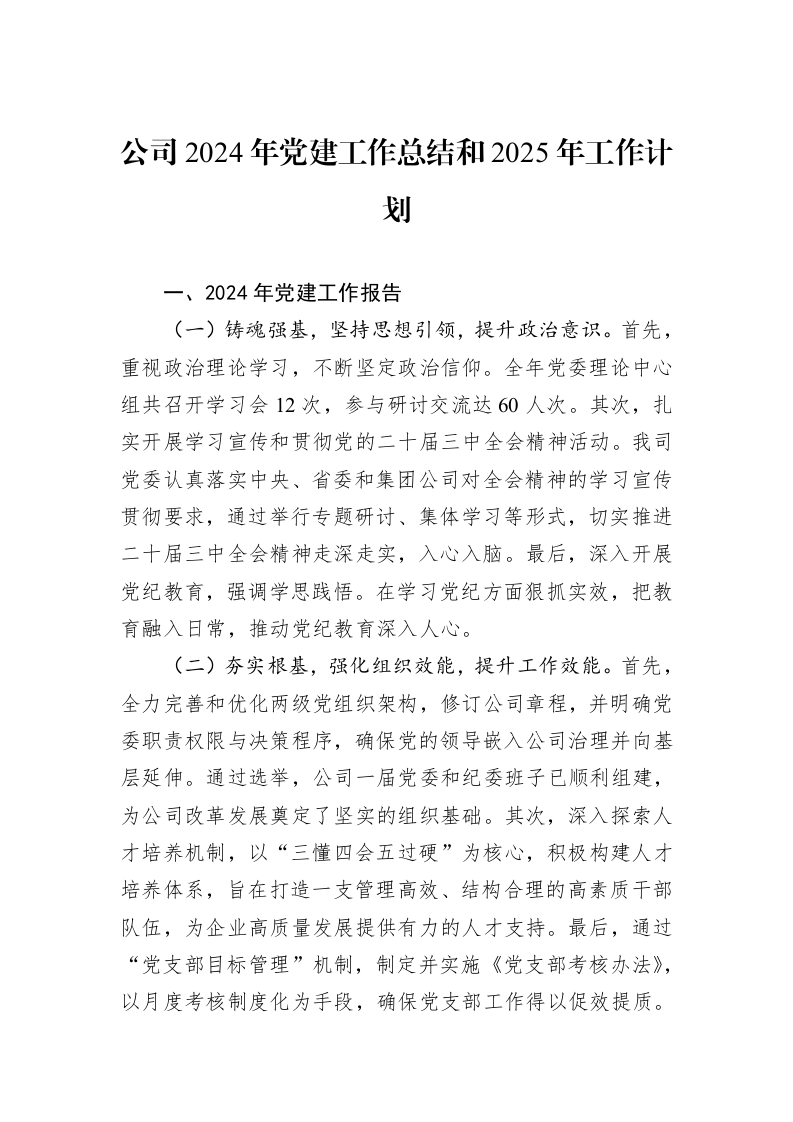 公司2024年党建工作总结和2025年工作计划_第1页