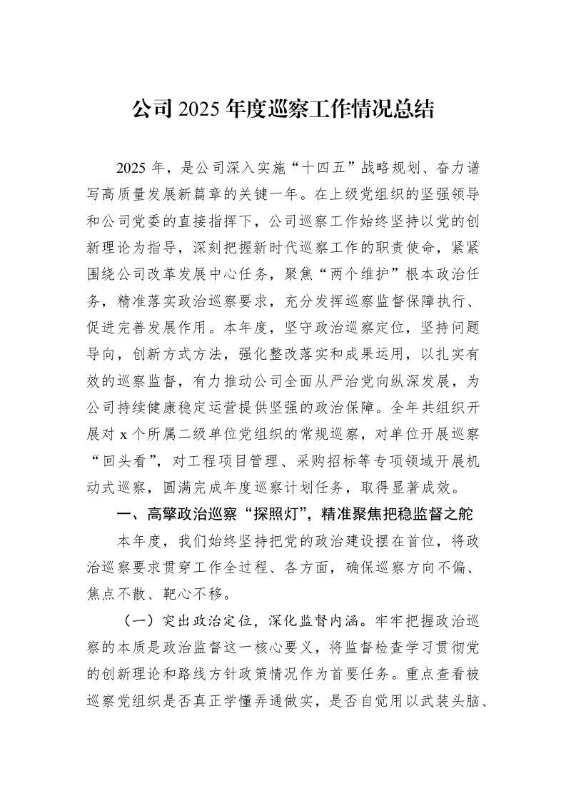 公司2025年度巡察工作情况总结_第1页