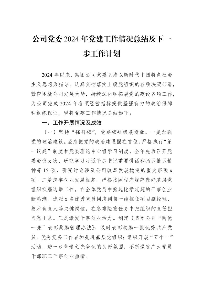 公司党委2024年党建工作情况总结及下一步工作计划（01-09）_第1页