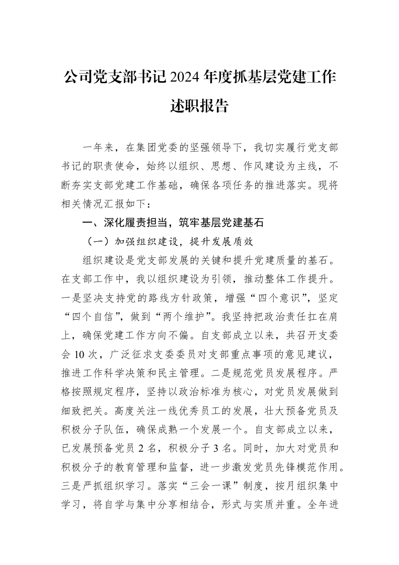 公司党支部书记2024年度抓基层党建工作述职报告 (1)_第1页