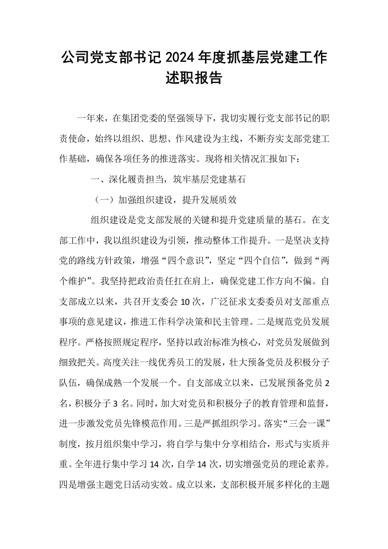 公司党支部书记2024年度抓基层党建工作述职报告_第1页
