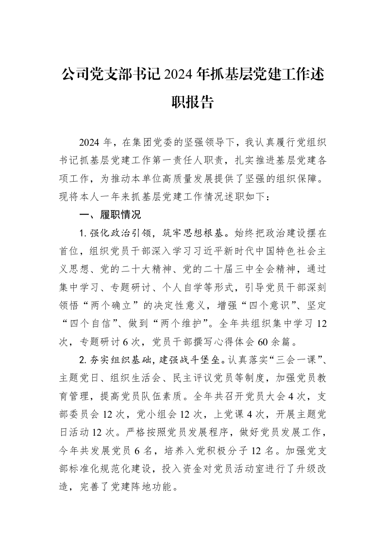 公司党支部书记2024年抓基层党建工作述职报告 (1)_第1页