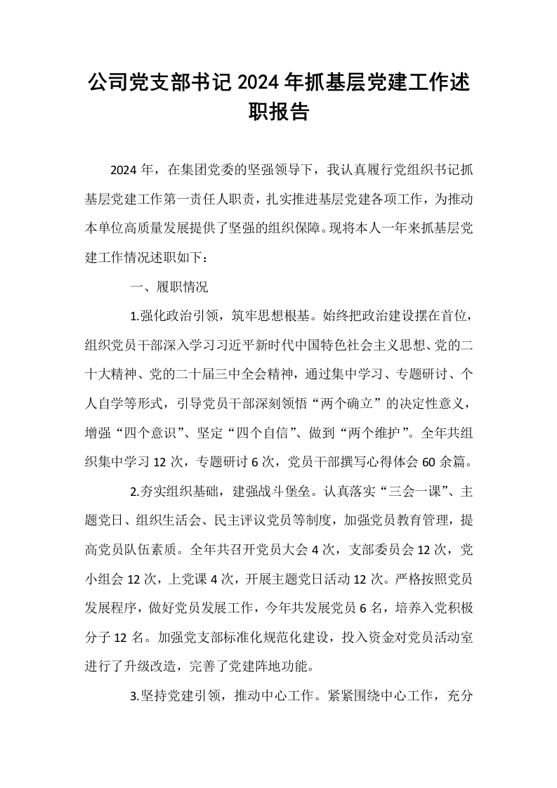 公司党支部书记2024年抓基层党建工作述职报告_第1页