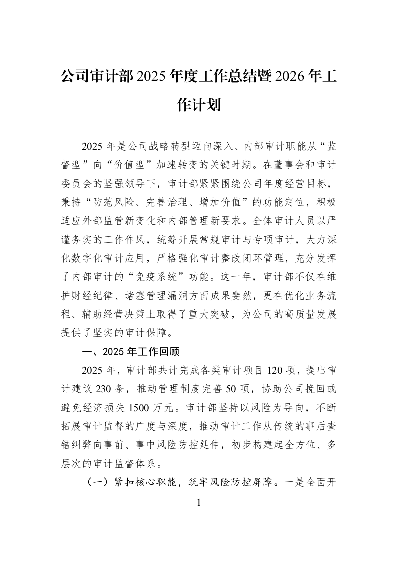 公司审计部2025年度工作总结暨2026年工作计划_第1页