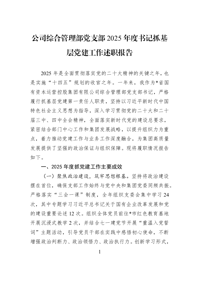 公司综合管理部党支部2025年度书记抓基层党建工作述职报告_第1页