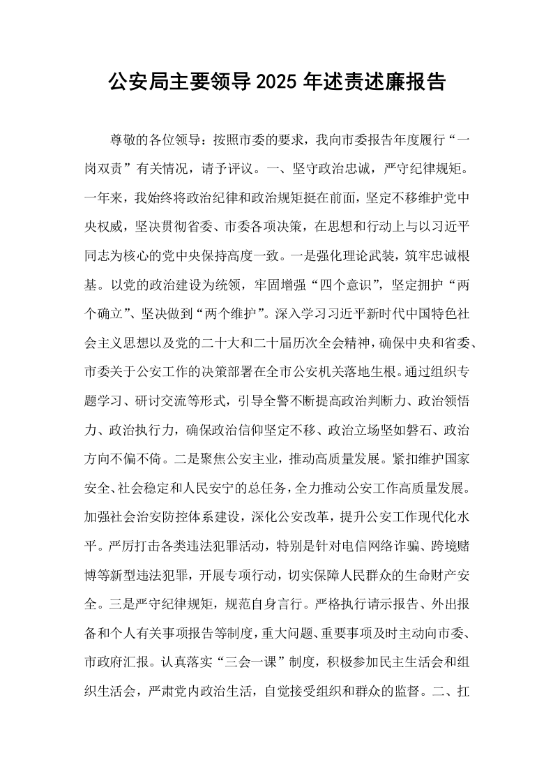 公安局主要领导2025年述责述廉报告_第1页