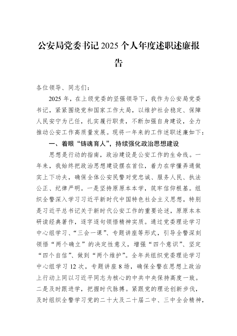 公安局党委书记2025个人年度述职述廉报告_第1页