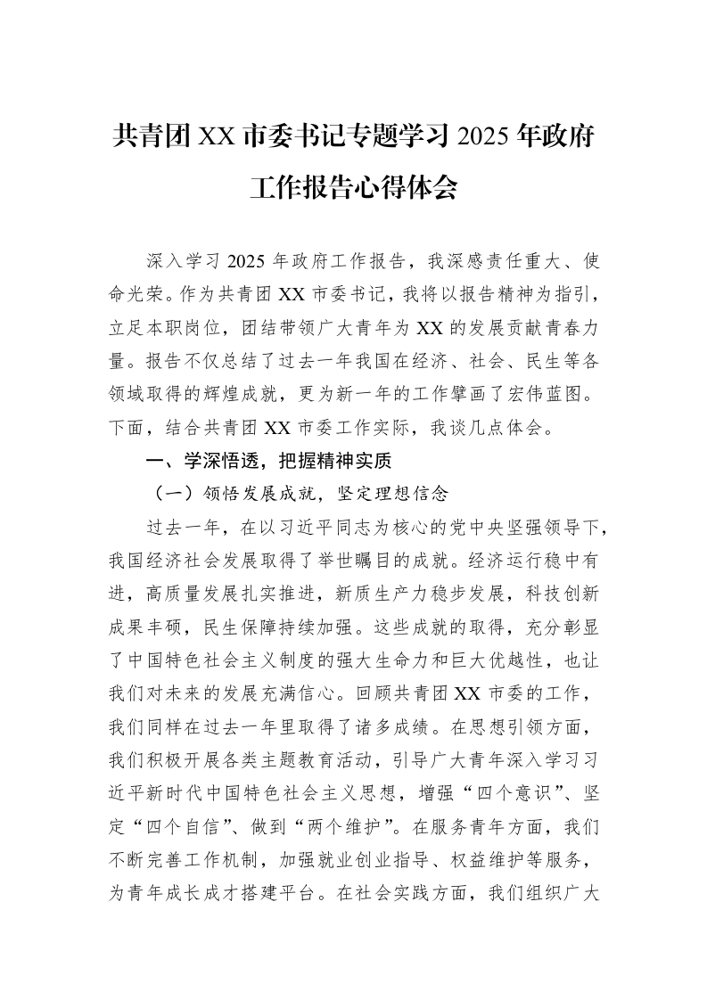 共青团XX市委书记专题学习2025年政府工作报告心得体会_第1页
