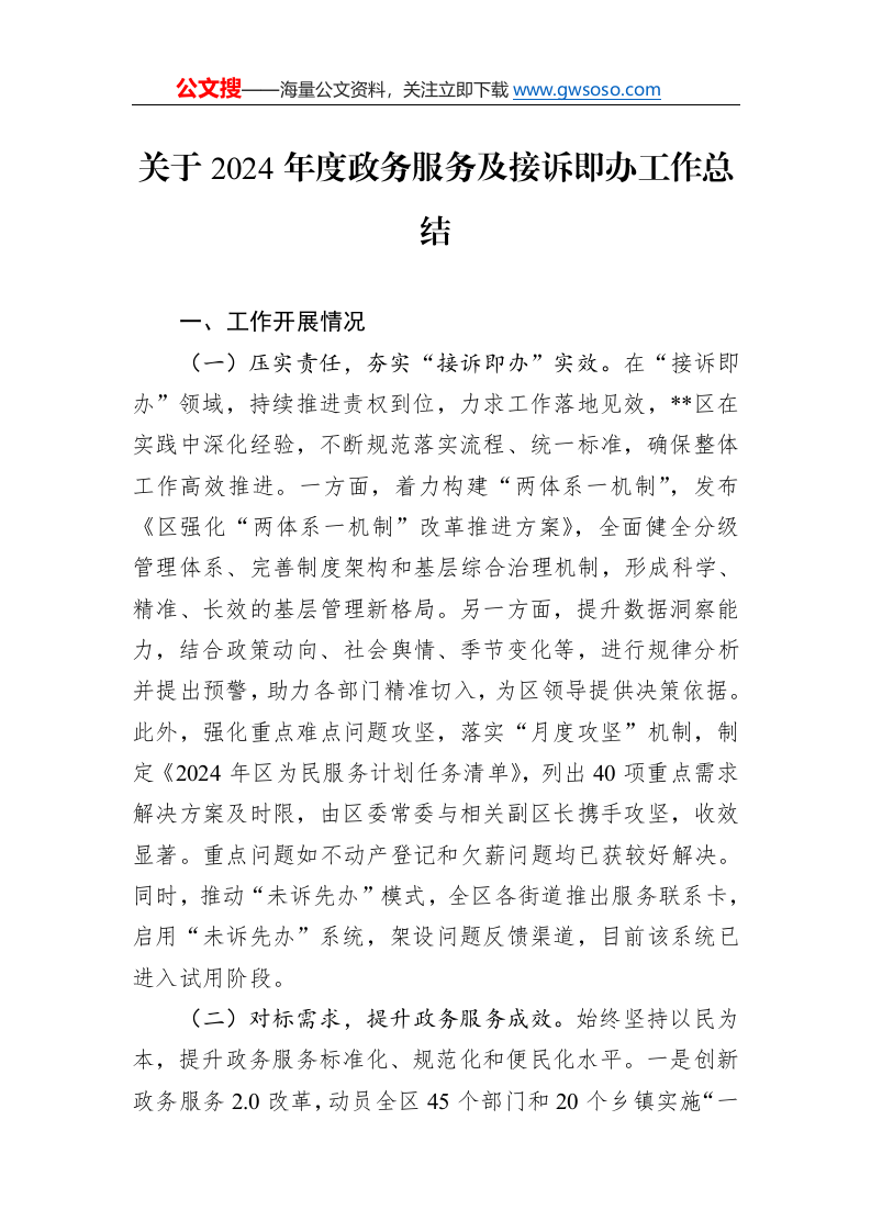 关于2024年度政务服务及接诉即办工作总结._第1页