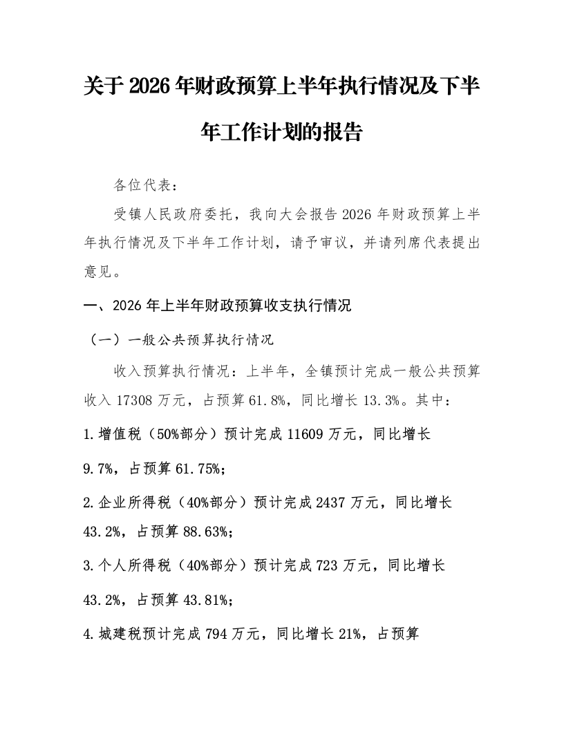关于2026年财政预算上半年执行情况及下半年工作计划的报告_第1页