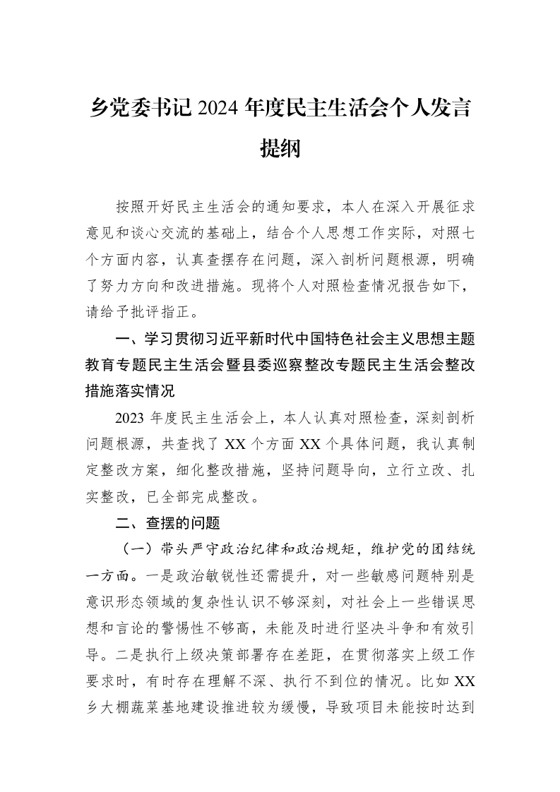乡党委书记2024年度民主生活会个人发言提纲_第1页