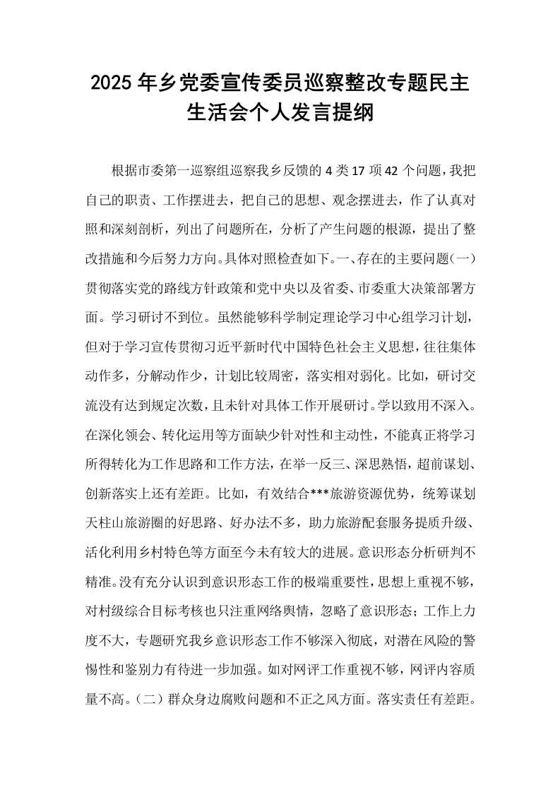 2025年乡党委宣传委员巡察整改专题民主生活会个人发言提纲_第1页