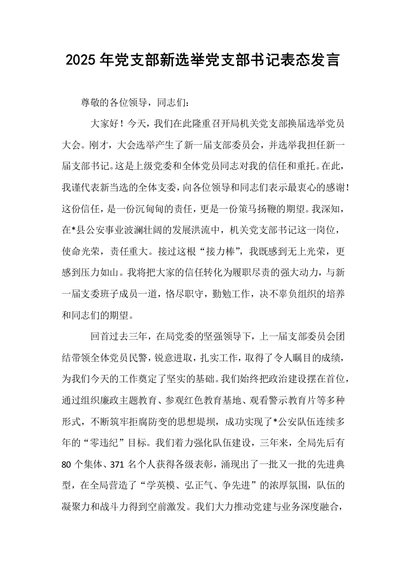 2025年党支部新选举党支部书记表态发言_第1页