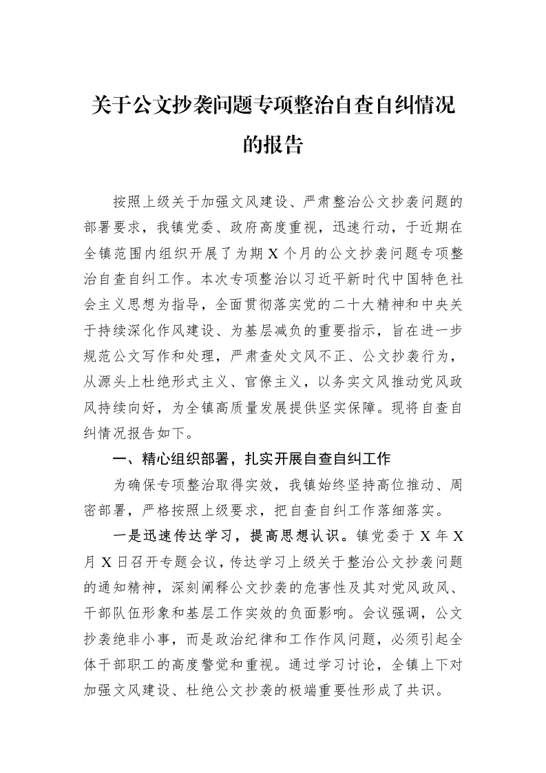 关于公文抄袭问题专项整治自查自纠情况的报告_第1页