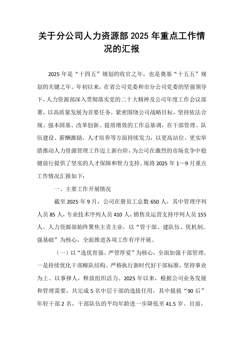 关于分公司人力资源部2025年重点工作情况的汇报_第1页