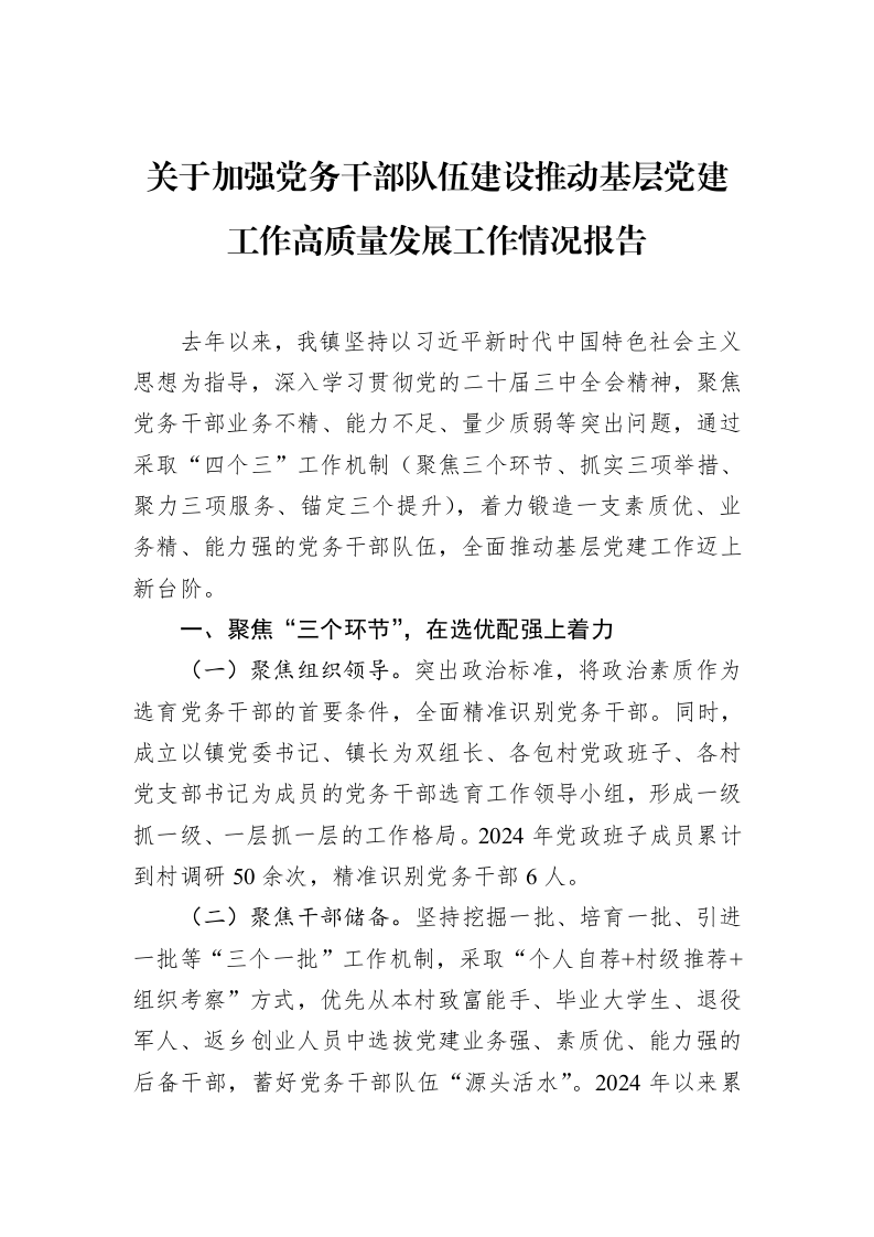 关于加强党务干部队伍建设推动基层党建工作高质量发展工作情况报告（3.12）_第1页
