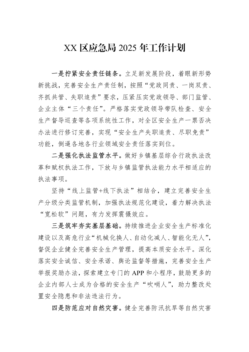 XX区应急局2025年工作计划_第1页
