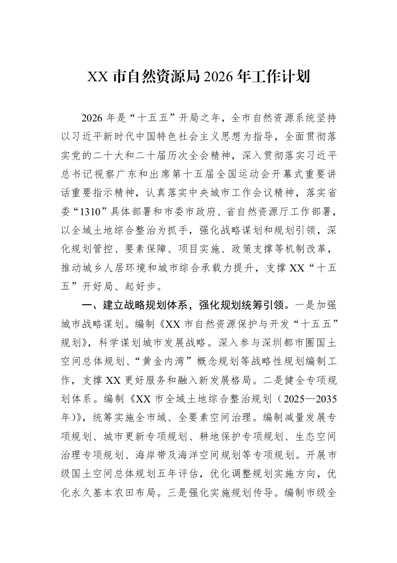 XX市自然资源局2026年工作计划_第1页