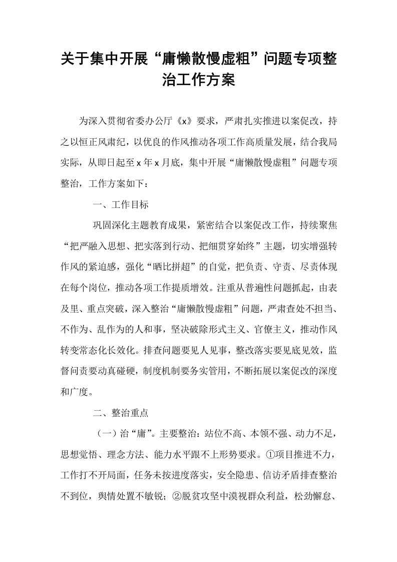 关于集中开展“庸懒散慢虚粗”问题专项整治工作方案_第1页