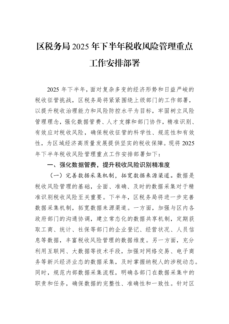 区税务局2025年下半年税收风险管理重点工作安排部署_第1页