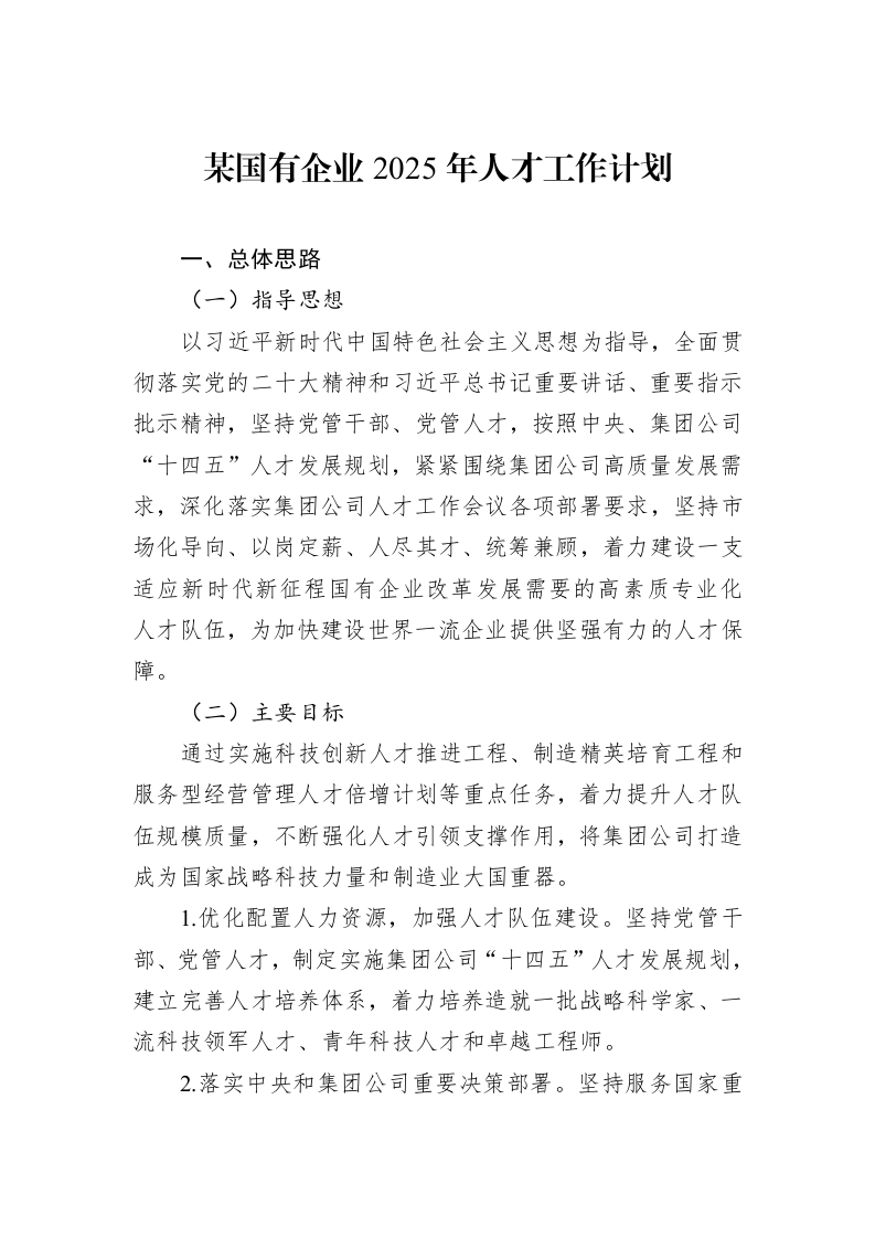 某国有企业2025年人才工作计划_第1页